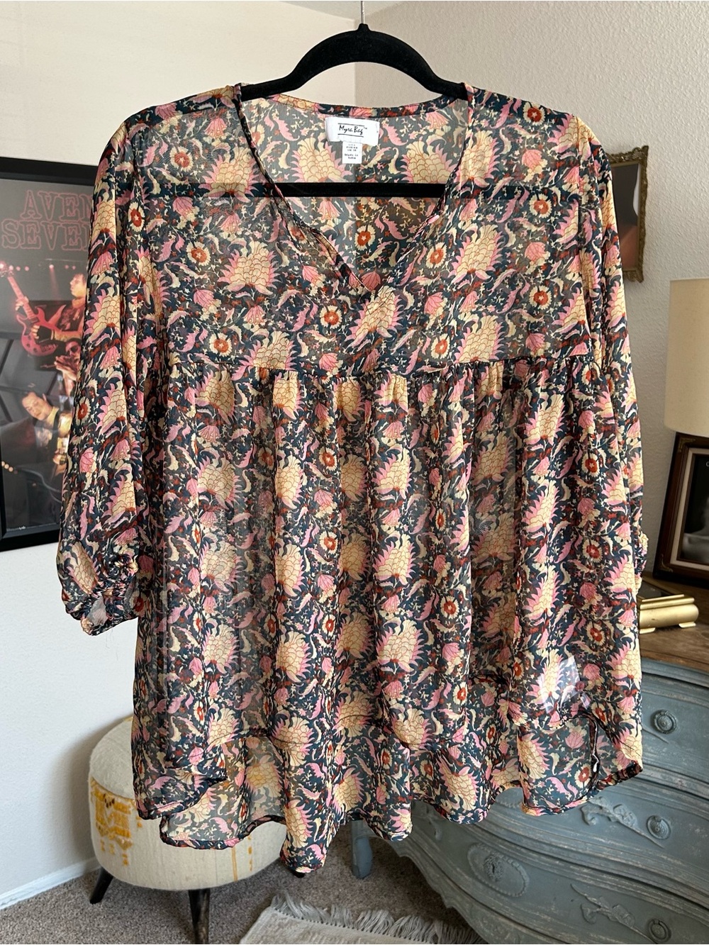 Vintage Boho Peasant Blouse Floral L Flowy Sheer Silky Cottagecore Y2K Artsy Top